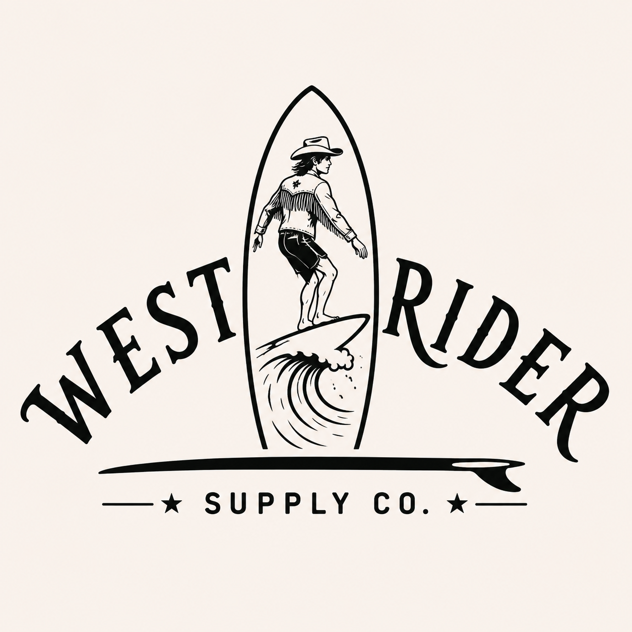 Westrider Supply Co. engraved emblem of a cowboy surfing a wave